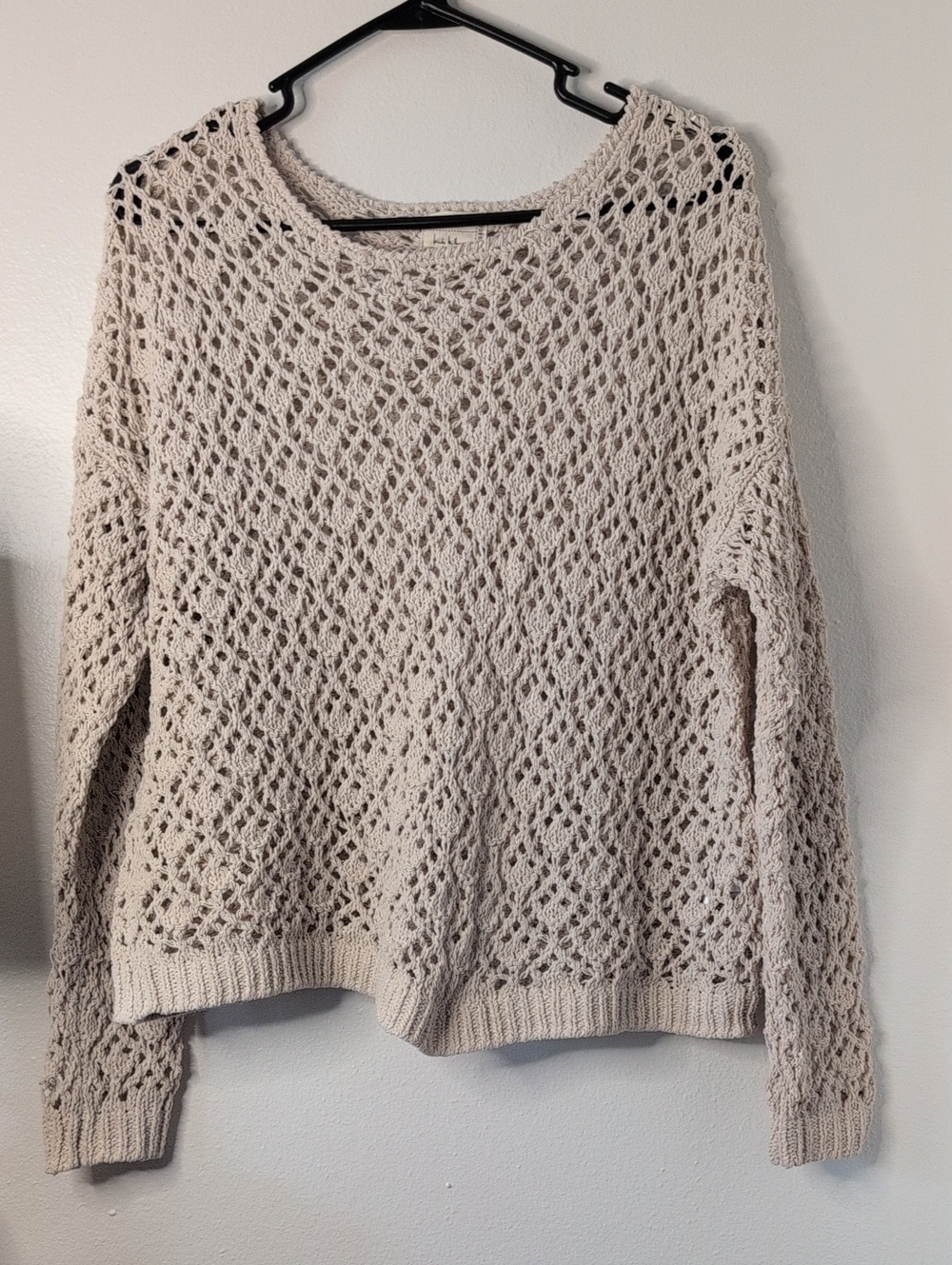 Light Beige Open-Knit Crewneck Sweater - Women